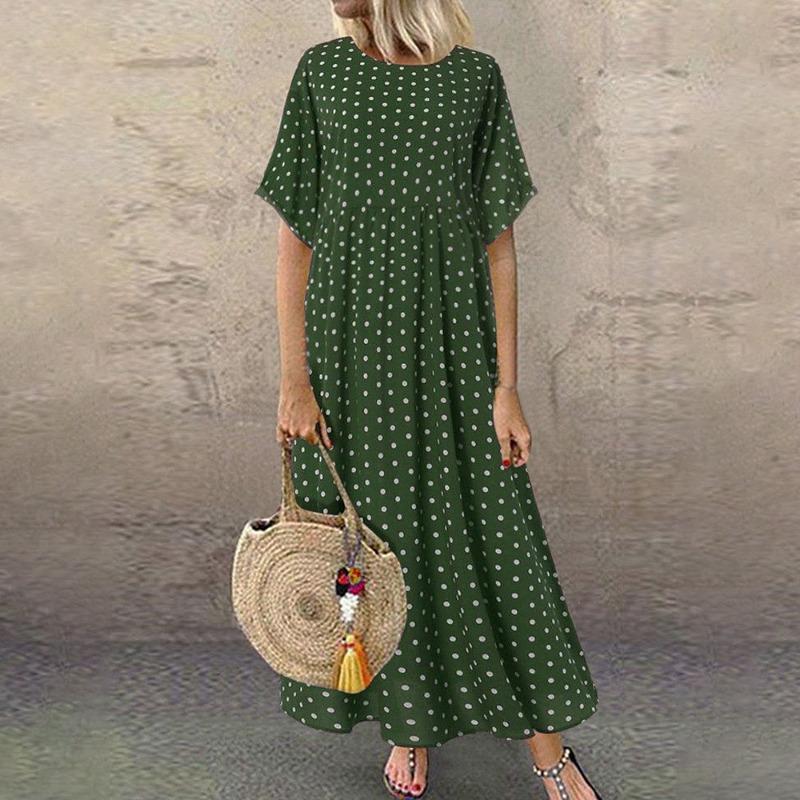 2025 Polka Dot Dress Summer New Round Neck Short Sleeved Large Swing Skirt Loose Slimming Long Skirt Women's Clothing