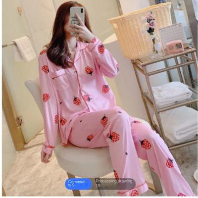 Set Pigiama da Donna Pantaloni a Maniche Lunghe Pigiami Abbigliamento Casa Due Pezzi Blu Fantasia Fragole Studenti Universitari Pigiami