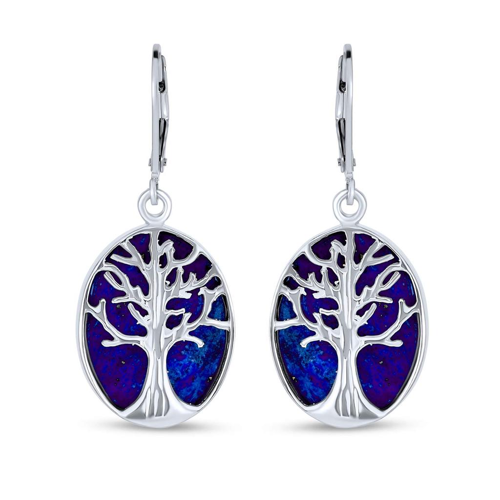 Large Oval Gemstone Blue Lazuli Leverback Family Tree of Life Dangle Earrings Western Jewelry for Women Sterling Silver .925