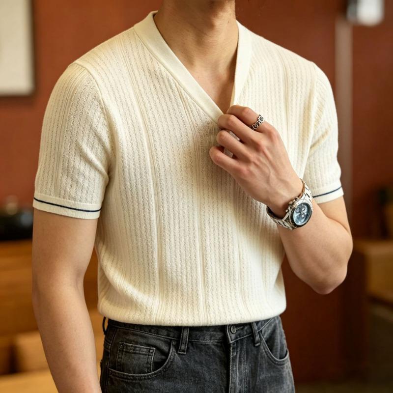 Men S Short Sleeve V Neck Solid Slim Fit Knit Top Summer Casual