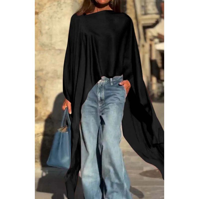 

European and American Women clothes Solid Irregular Hem Loose Fashion Long sleeve Top Black XXXL