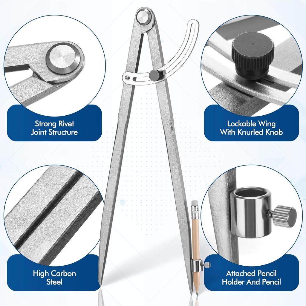 Zonon Professional 12 Inch Large Compass with Wing for Woodworking and 6 Inch Protractor Set, Pencil Compass for Geometry Math Carpenter, Drafting,
