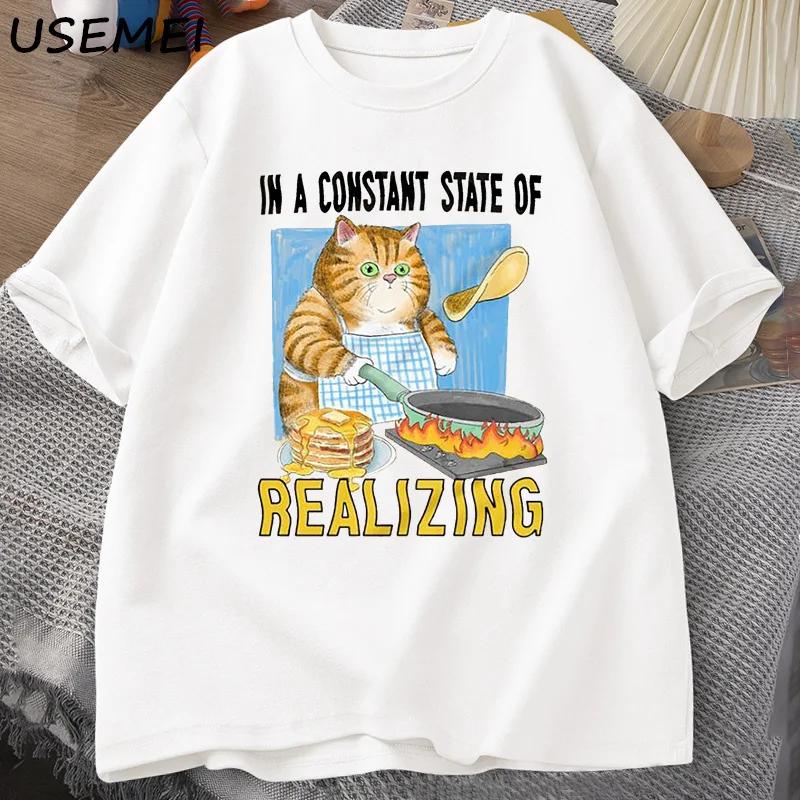 

Футболка «Кот в постоянном состоянии осознания» Мужская Женская Смешная футболка с котом Готовящий Китти Милый Животное Хлопок Короткий рукав 4XL