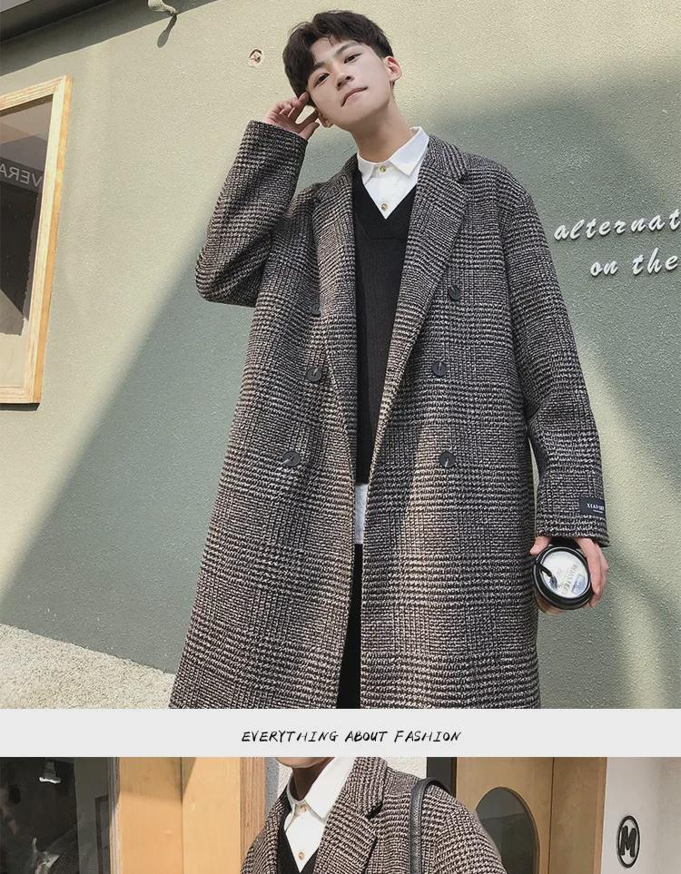 Herren Trendiger Doppelreiher Woll-Plaid Trenchcoat - Herbst/Winter Koreanischer Hong Kong Stil, Übergröße verfügbar