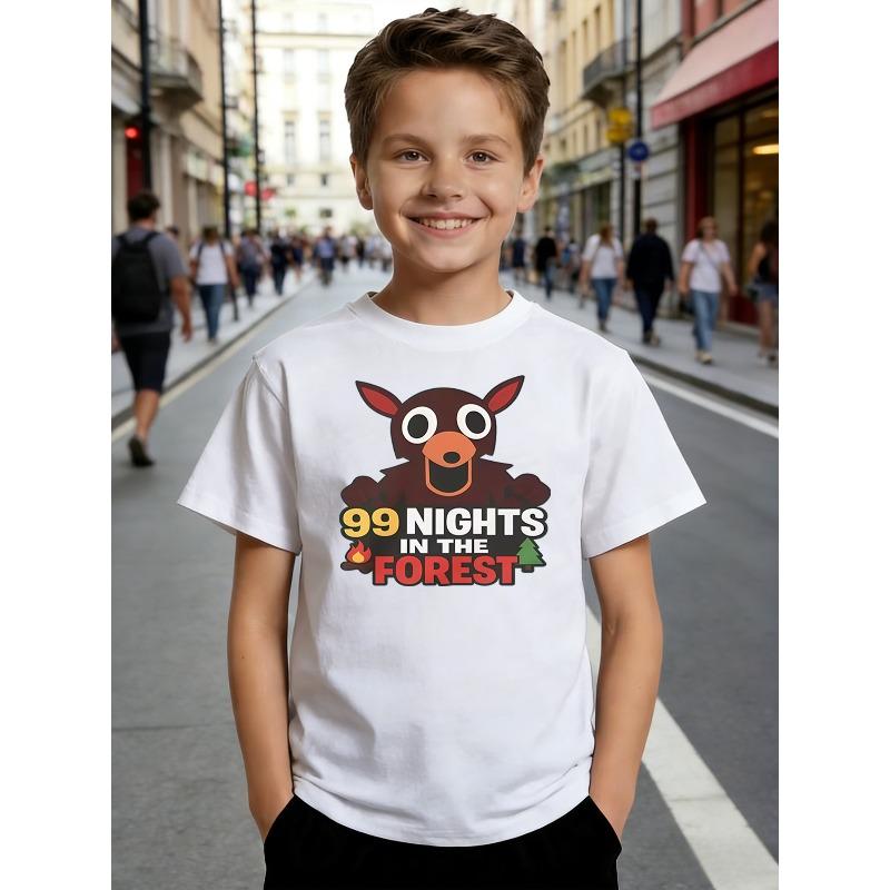 Boys Crewneck Short Sleeve T-Shirt, Cute Deer Cartoon Night Forest 99 Print Fun Adventure Style Comfort Casual Tee 110 белый