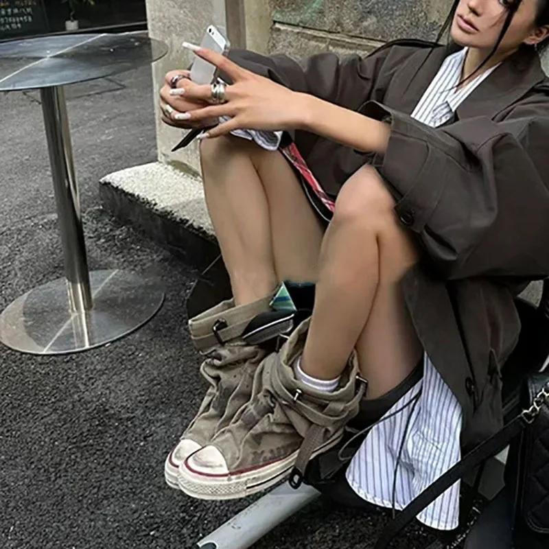 

Женские ботинки Граффити Высокие парусиновые кеды 2025 Осень Новый стиль Ботинки-чулки Толстая подошва Нескользящие Пряжка ремня Модные ботинки 35