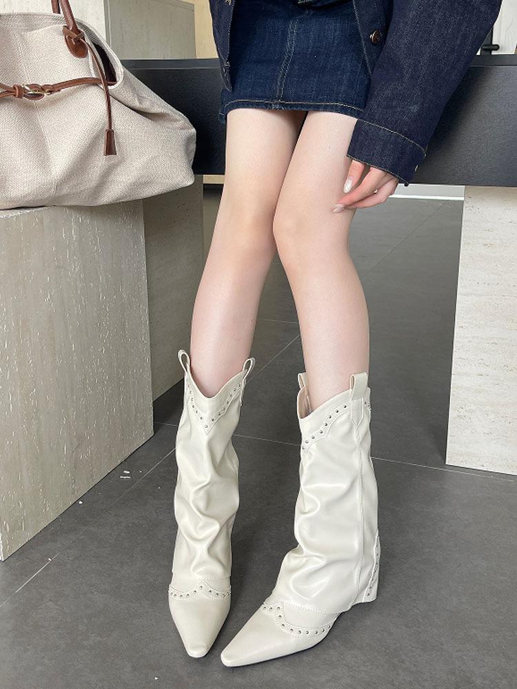 

Pointed Rivet Niche Wedge Heel Pants Boots Women s 2025 Pointed Temperament French V-mouth Spice Girl Skinny Knight Boots. 40