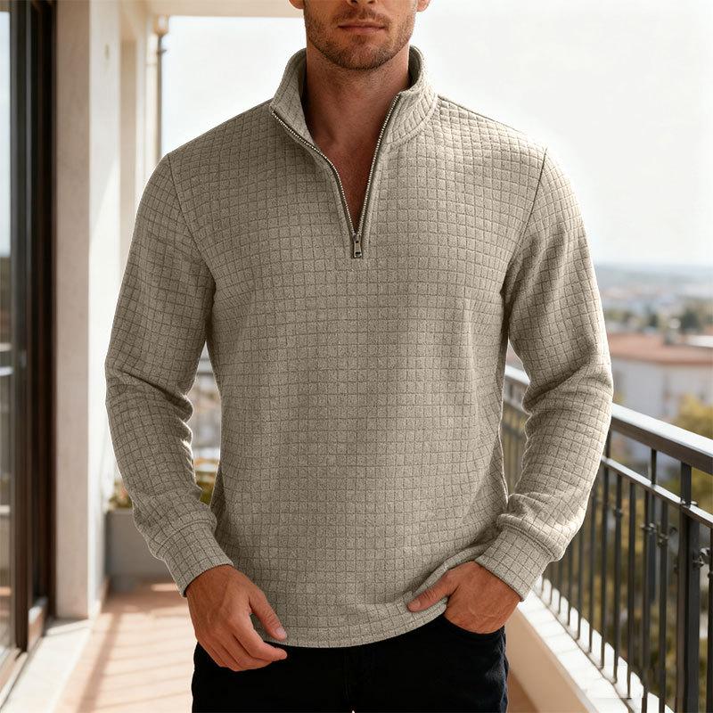Solid-colour Half-zip Turtleneck Jumper with Small Check Jacquard Pattern