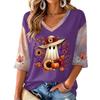 Women's V-Neck Casual Halloween Print Three-Quarter Sleeve Top for Fall Festive Occasions