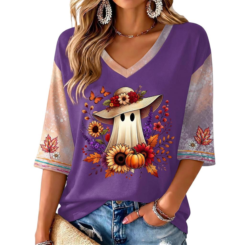 Women's V-Neck Casual Halloween Print Three-Quarter Sleeve Top for Fall Festive Occasions