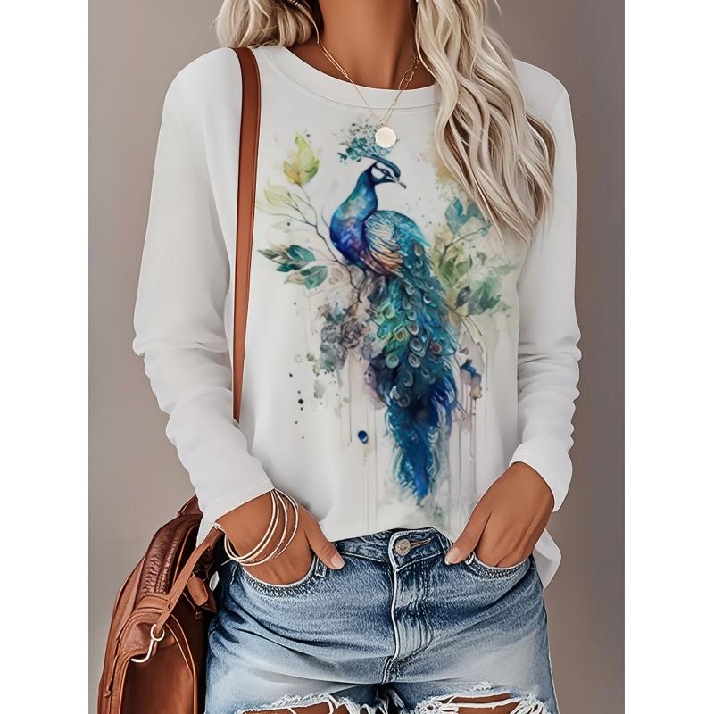 Womens Loose Fit Long Sleeve Round Neck T-Shirt With 3D Dinosaur Christmas Tree Print Milk Silk Fabric
