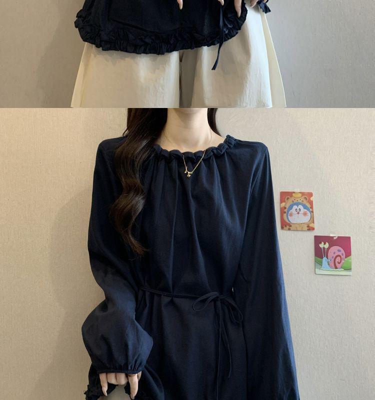 Plus Size Ruffled Waist Long Sleeve Shirt - Women's Spring/Autumn Korean Style, Slimming and Elegant Top