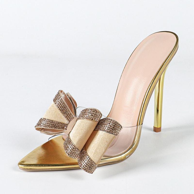 

Летние женские туфли на тонком высоком каблуке 11,5 см, современные шлепанцы, сандалии, модные туфли для вечеринки, платья, с кристаллами и бантом, с острым носком и открытым носком 39 золотой