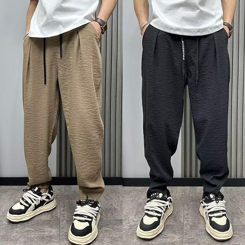 Ice silk casual pants men's 2025 summer new ice-feeling breathable drape trend loose pleated Harlan radish pants