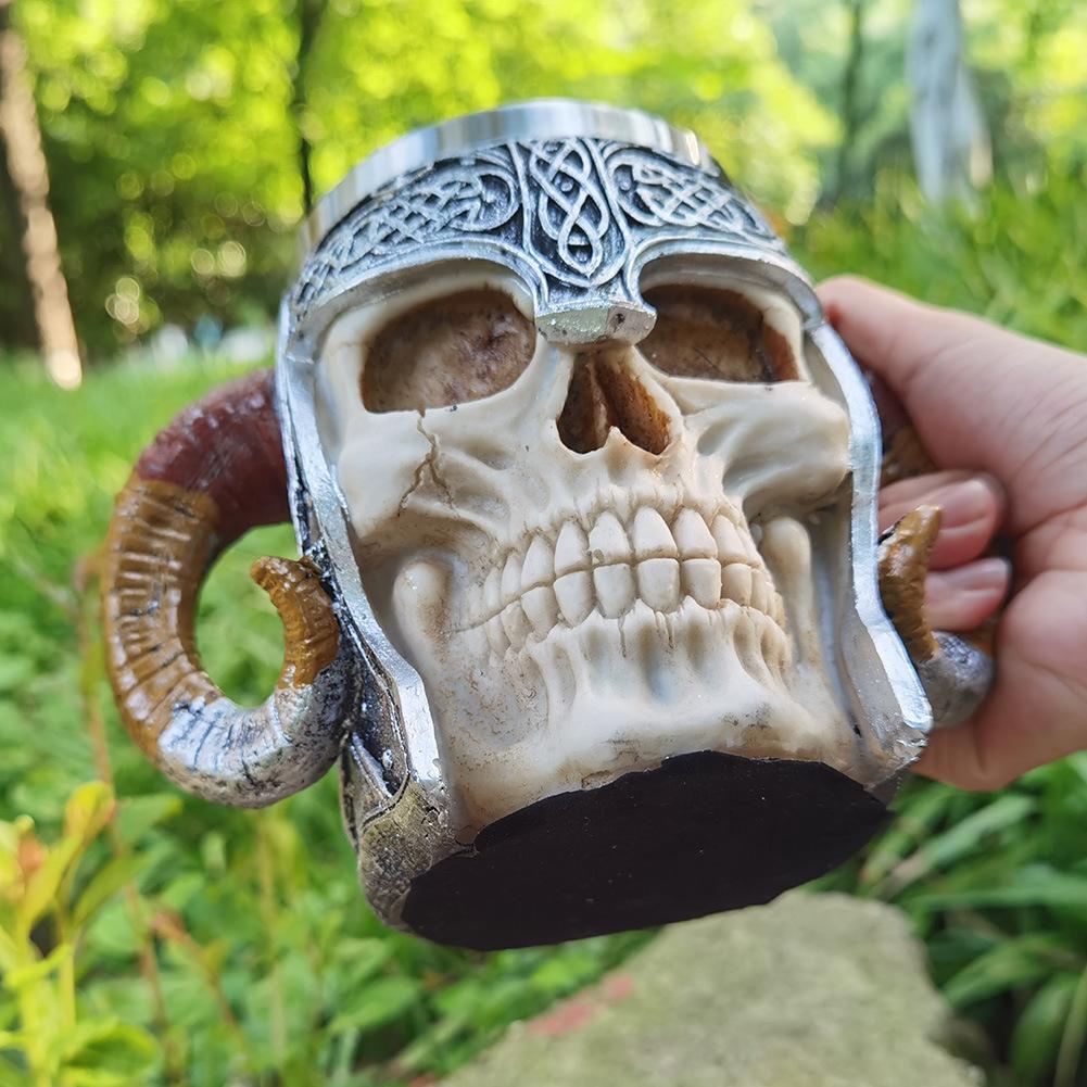 1 taza de cerveza con forma de calavera de cuerno de 550 ml, taza de cerveza con forma de calavera vikinga 3D, taza de café, taza de acero inoxidable para beber, regalos de Halloween, artículos para beber