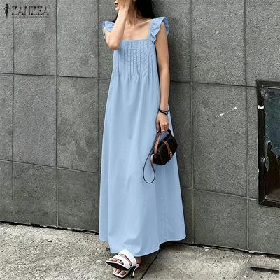 Women Elegant Square Collar Loose Casual Sleeveless Long Dress