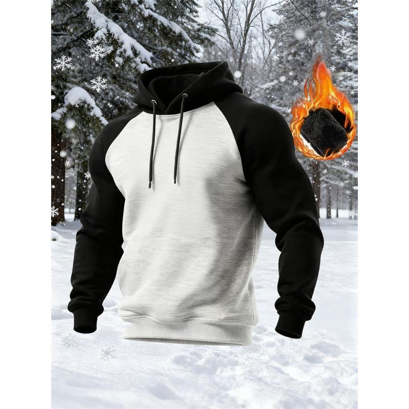 Men's Retro Casual Raglan Color-blocked Loose Hooded Casual Sweatshirt with Velvet and Thickening