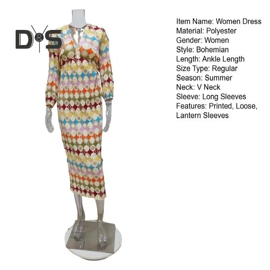 Women Dress Colorful Print Deep V Neck Long Lantern Sleeves Loose Waist Bohemian Style Vacation Shopping Dating Maxi Dress