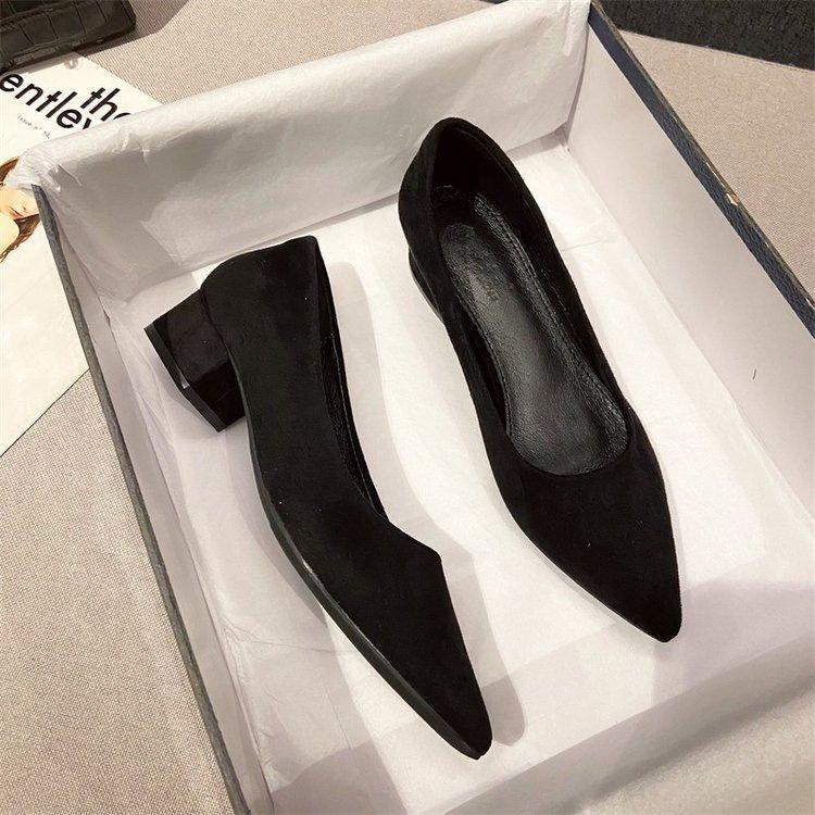 Pointed Thick Heel Single Shoes Women's New Soft Sole Not Tired Middle Heel Light Mouth Black Work Shoes Commuter Women's Shoes