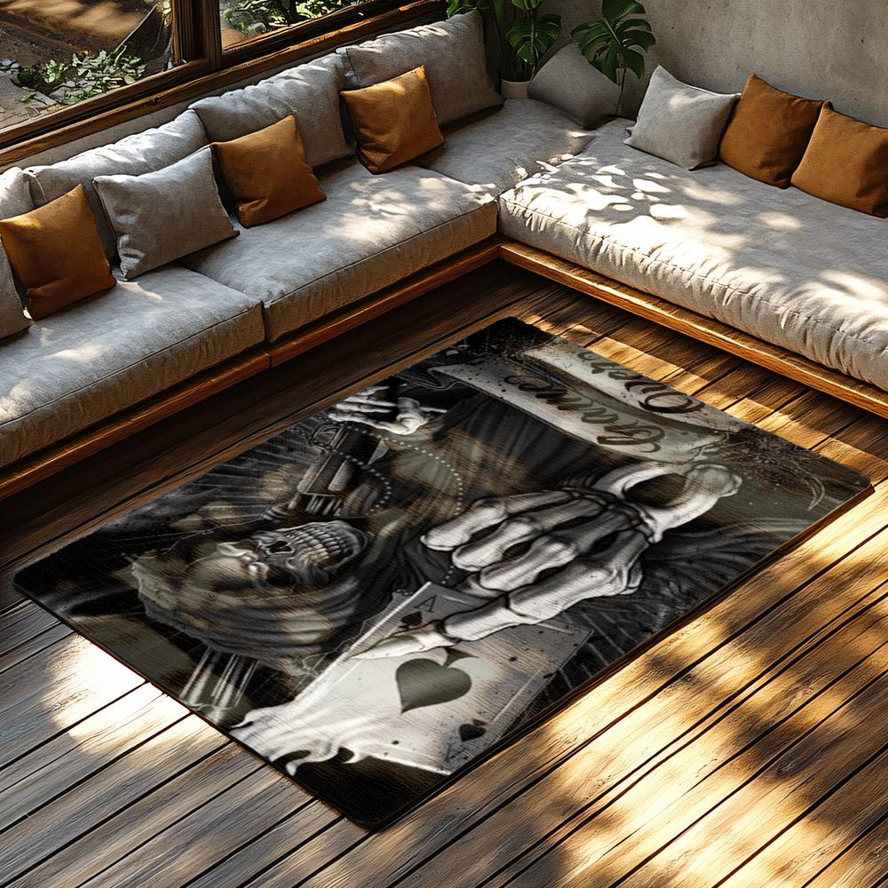 Gothic Game Over Rug, Skeleton Reaper Design Carpet for Living Room, Soft Non-Slip Mat with Dark Theme Decor