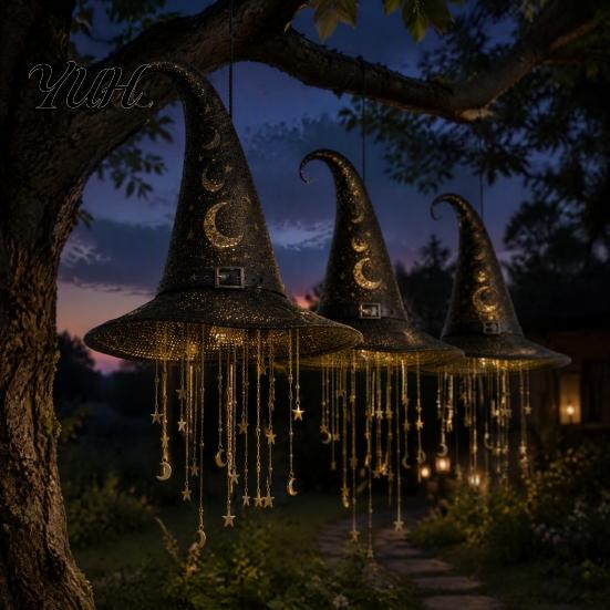 Glowing Star String Lights Light Up Witch Hat Hanging Lamp, Halloween Ornament with Twinkling Seasonal Home Party Supplies Stars Moon, Indoor Outdoor
