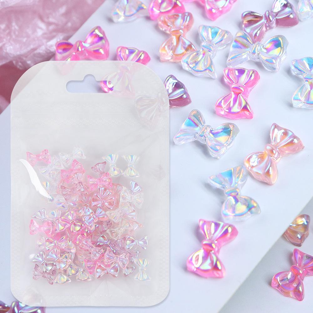 30PCS/Pack Aurora Resin Bow Nail Accessories Ice Transparent Stereoscopic Resin Nail Colorful Diamond Decoration