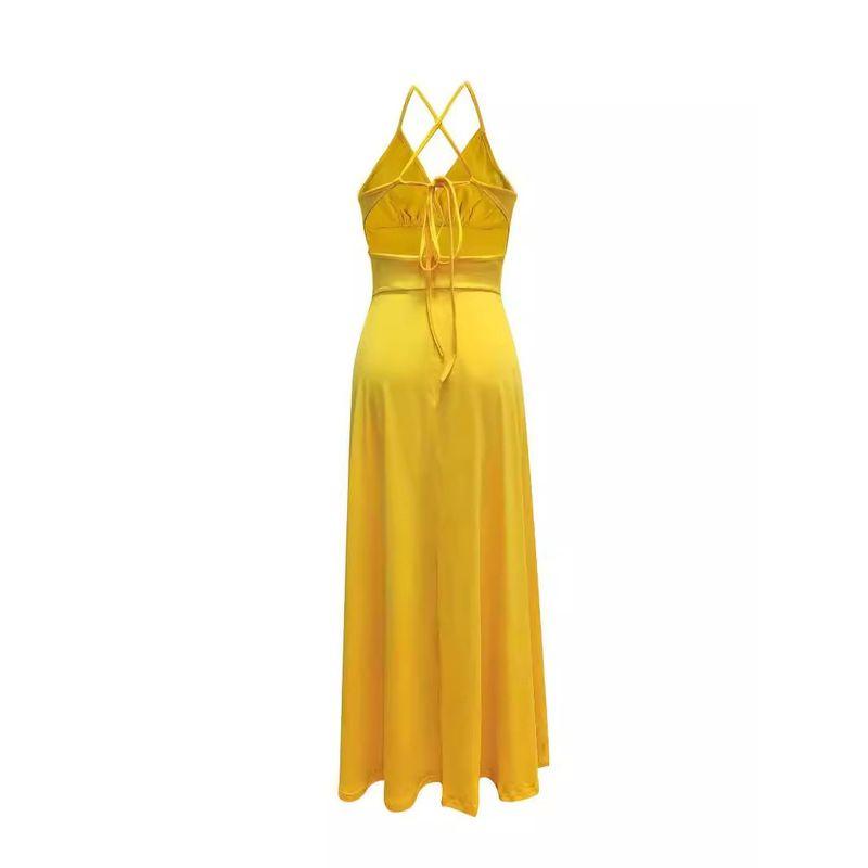 European and American Dress Slimming Solid Sling Trailing Banquet Yellow Formal Dress Women Dress