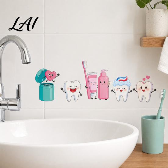 Feuchtigkeitsbeständige PVC-Wandaufkleber Cartoon-Zahnaufkleber Wasserdichte Abziehbilder Selbstklebende Kunst Abnehmbare Aufkleber für Kinder Niedliches Zähneputzen