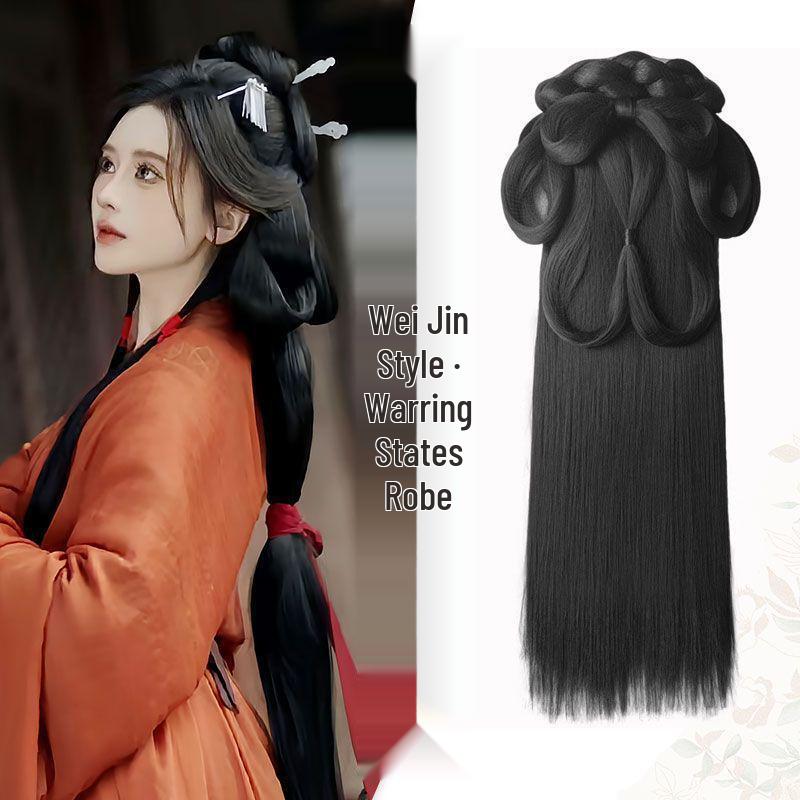 Wei Jin Headdress & Hanfu Costume Wig Set: Includes Warring States Robe, Hair Bun, Ma Mian Skirt, and Hair Accessories.