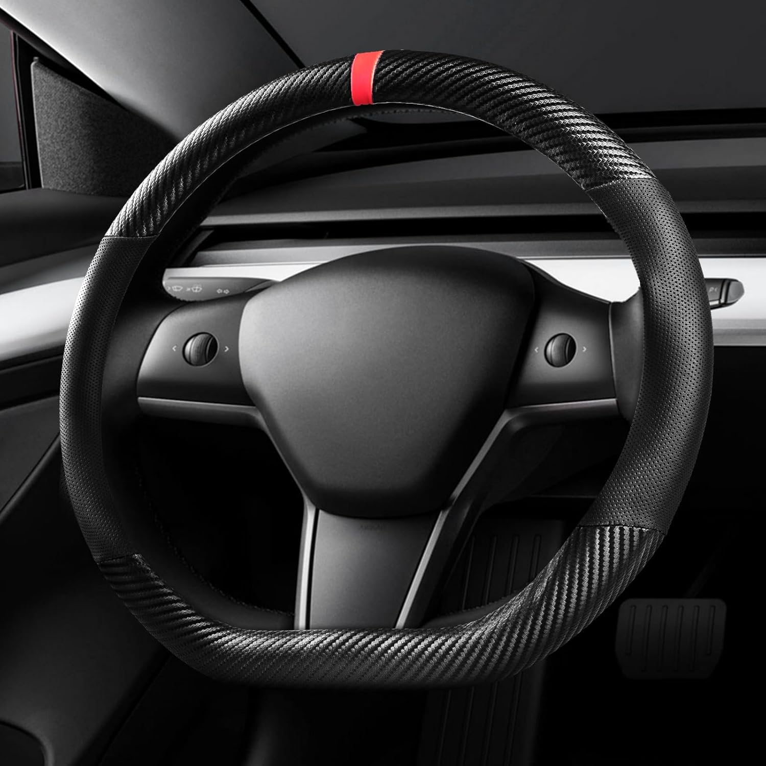 KAFEEK Carbon Fiber Car Steering Wheel Cover For Tesla Model 3 / Model Y, Breathable Leather, Anti Slip, For Tesla Accessories For Women And Men,