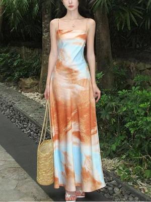 Off Shoulder Elegant Sling Party Strap Kleid Frauen Sexy Druck Chic Rückenfreie Lange Kleider Weibliche Süße Mode Ärmellose Strand Kleidung
