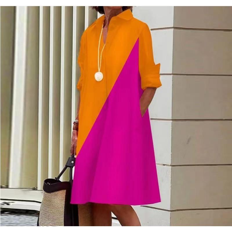 Novos produtos de outono, camisa com gola estampada de bolinhas de temperamento fashion, manga comprida, vestido médio e longo