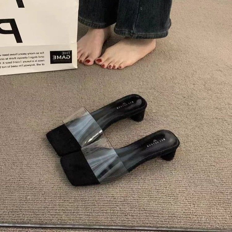 French Burgundy Transparent with Thick Heel Sandals 2025 Fashion Middle Heel Sandals Travel Temperament One-word Slippers