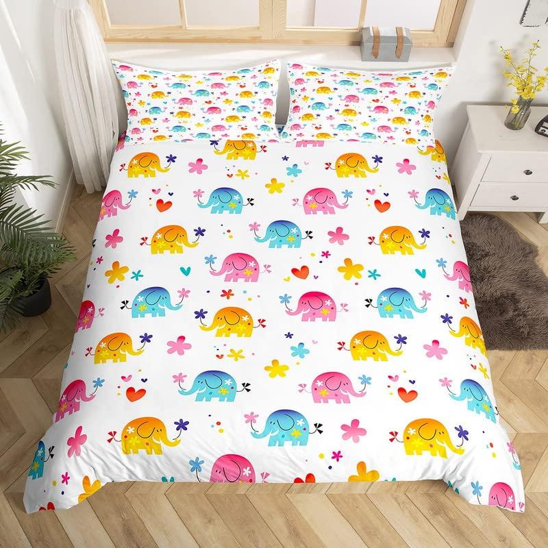 

Cartoon Elephant Bedding Set Twin Cute Animal Flower Duvet Cover Glitter Stars Pink Comforter Cover Golden Star Blue Quilt Cover EU Single(135x200cm)