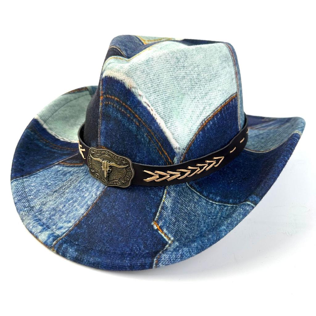 Retro Denim Splicing Top Hat Ethnic Style High-End Jazz Hat Sunshade Sunscreen Hat Tide