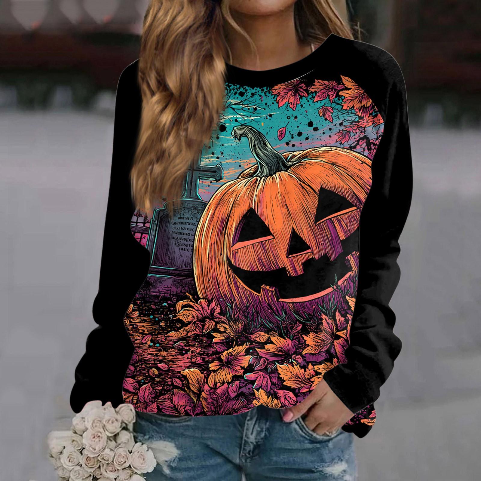 

Женская мода повседневная длинная рукава Хэллоуин принтованный круглый вырез свитер Топ XL чёрный