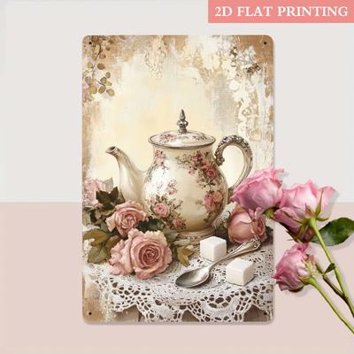 Teiera floreale vintage Rose Segno in latta di metallo ferro xinch Decorazione murale da cucina rustica Placca