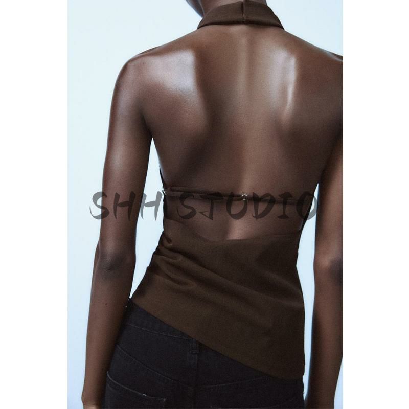 Fall and Winter New Women's Clothing Fashion Fashion Vest Sleeveless Open Back Hanging Collar Short Tops 3644330