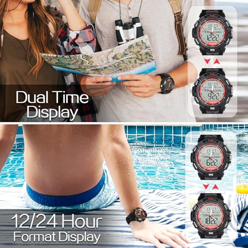 No-brand Men's 100m Water Resistant Multifunction Sports Watch with Stopwatch, Calendar, Dual Time, and 12- or 24-Hour Display