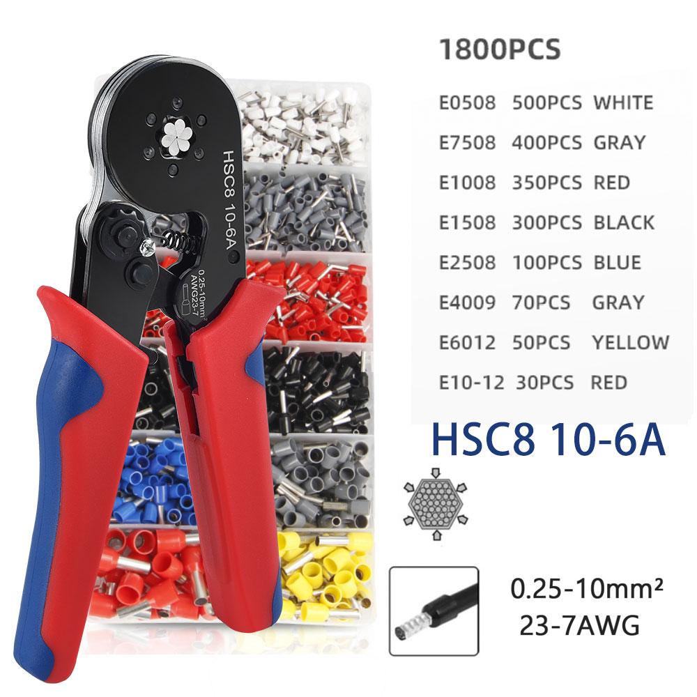 Tube Terminal Crimping Tool Set,Quadrilateral/Hexagonal Crimping Pliers Range 0.25-10mm²/AWG23-7 Quick Crimp Terminal Tool