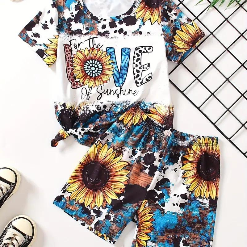 

Повседневная футболка для девочек, шорты с эластичной резинкой на талии, комплект из 2 предметов, футболки с короткими рукавами и принтом подсолнуха, летняя детская одежда 160