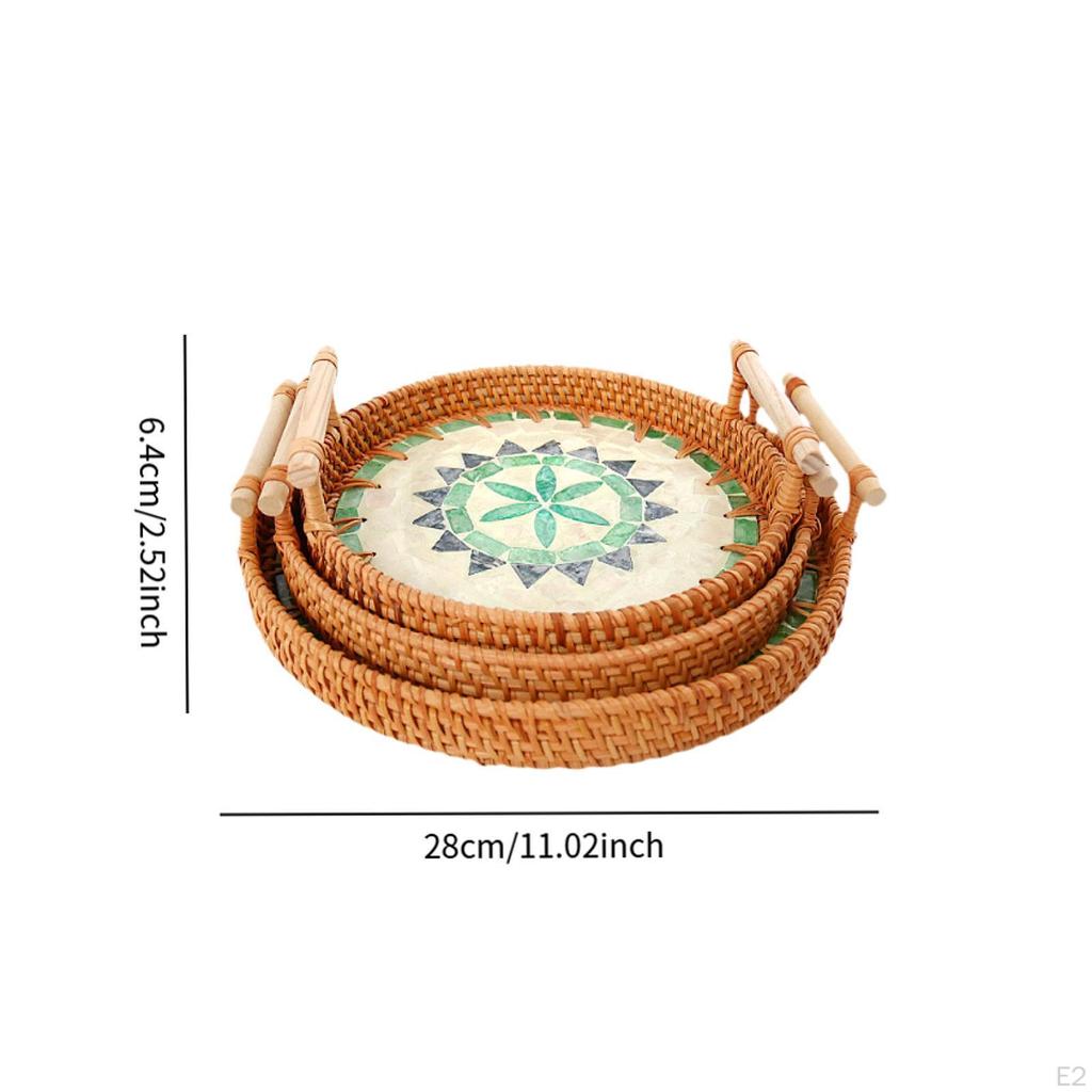 3 Stück Rattan Serviertablett, Dekorativer Weidengeflecht Runder Rustikaler Tee Brotkorb für Tee,