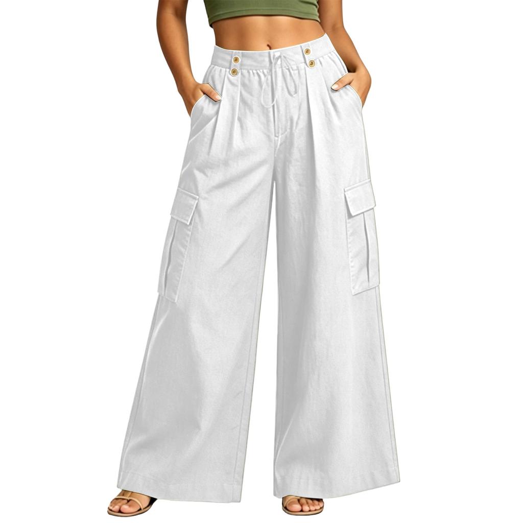 Women Wide Leg Cargo Pants High Waist Button Detail Loose Fit Casual Trousers with Side Pockets and Pleated Design
