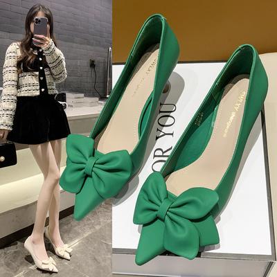 Fashion Pointy Bow Heel Shoes Women 2024 Spring/summer New Simple Temperament Fashion Thin Heel Shoes Women