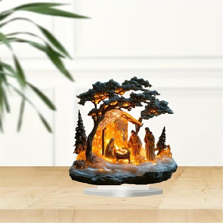 Christmas Nativity Scene Acrylic Tabletop Figurine with Base Religious Story Holy Family Statue for Indoor Decoration
