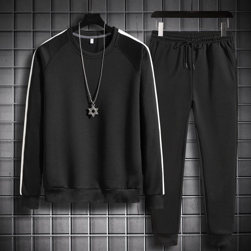 Men's Korean Version Trendy Round Neck Long-sleeved Sweater and Trousers Two-piece Set Loose Solid Color Fashionable Handsome Men's Clothing