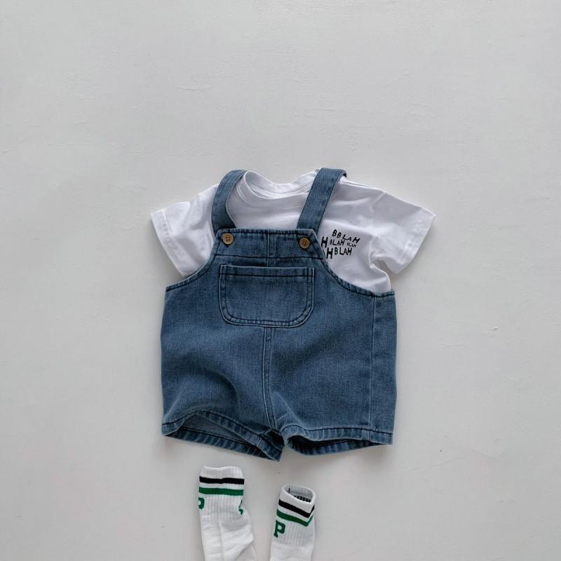 Stylish Baby Denim Suspender Short Set For Boys And Girls With Trendy White Short Sleeve T-shirt