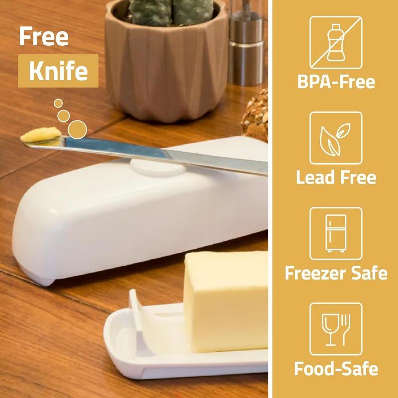 Butter Dish with Lid and Knife, Magnetic Butter Saver, Easy To Scoop, No Mess Lid, Plastic Butter Box, Dishwasher Safe