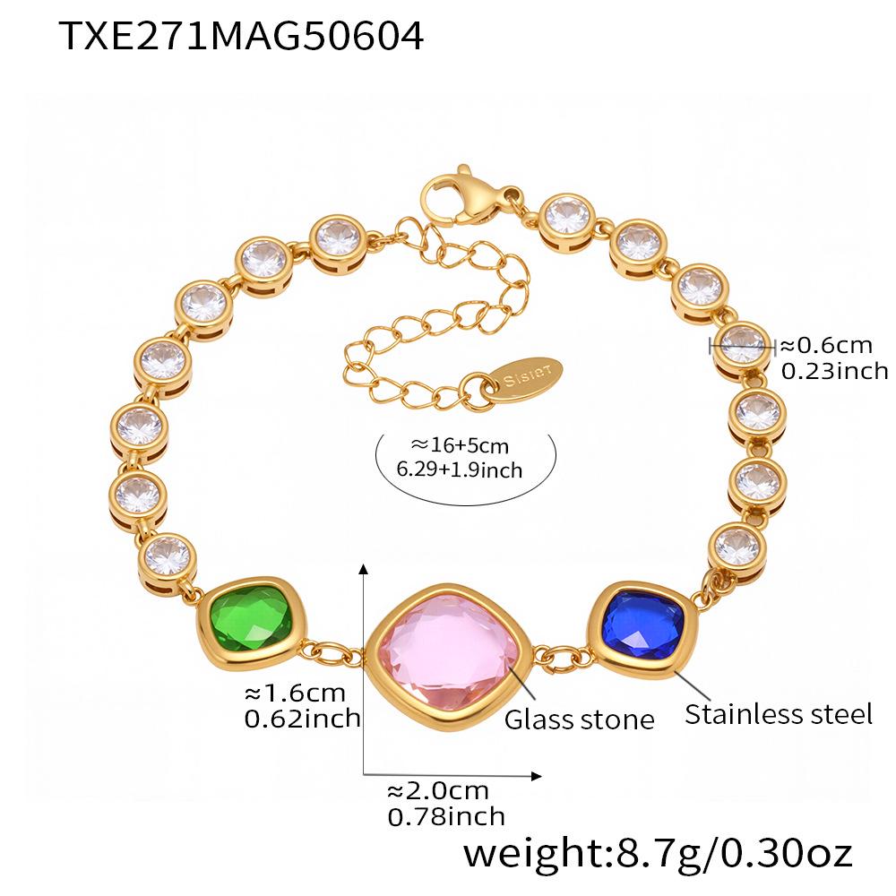 Qiong Yao Elegant Glass Stone Bracelet  Shining Square Stainless Steel Anklet Set