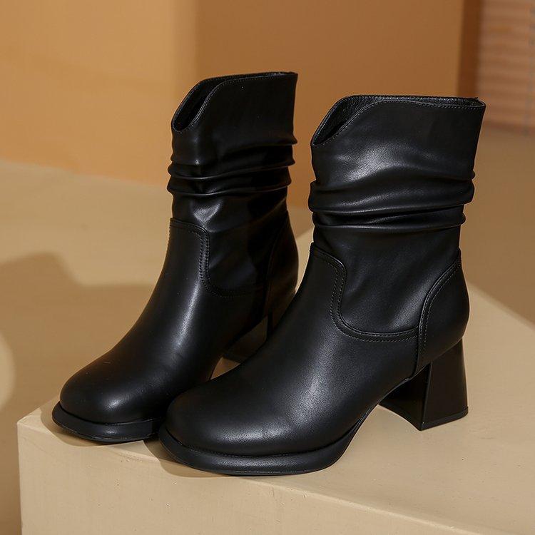

Pile boots fashion thick heel medium boots women s 2025 autumn and winter new square head short boots with skirt high heel boots 34